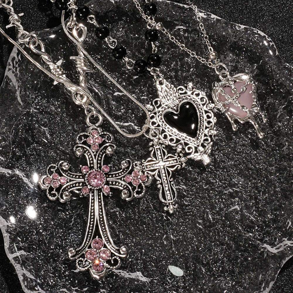 Y2K Cross &amp; Heart Pendant Necklace Set for Women