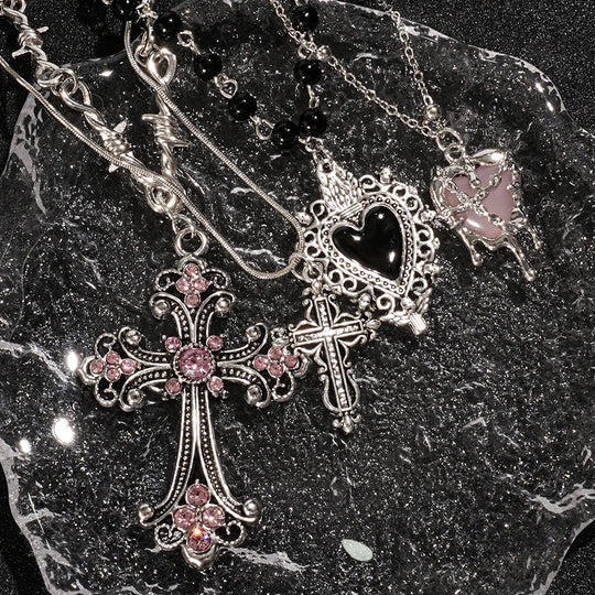 Y2K Cross &amp; Heart Pendant Necklace Set for Women