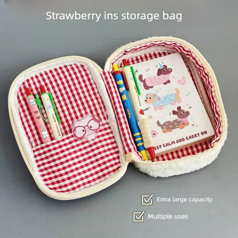 Cute Strawberry Plush Pencil Case Large Capacity Storage Pouch