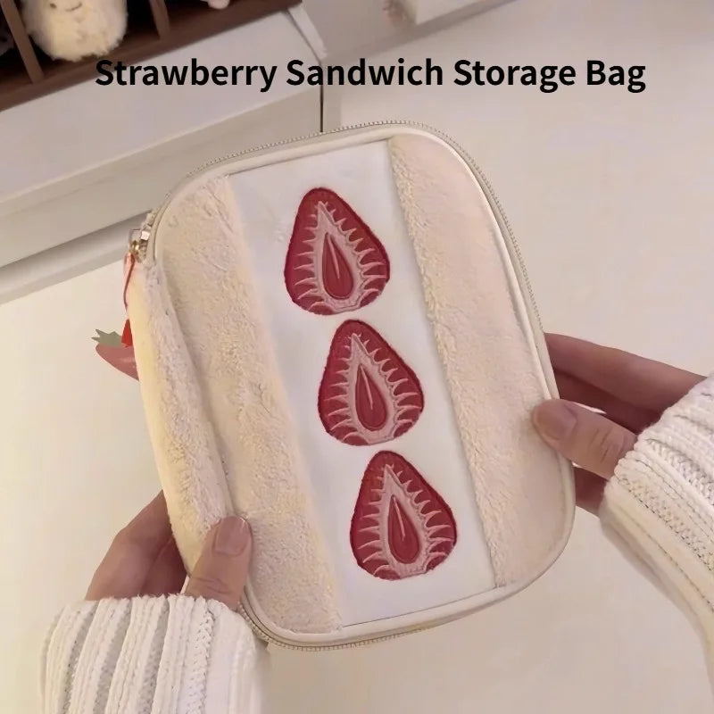 Cute Strawberry Plush Pencil Case Large Capacity Storage Pouch
