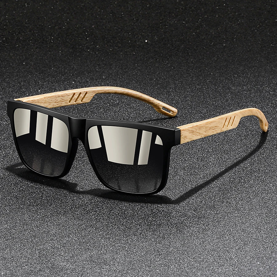 Vintage Square Mirror Sunglasses with Wood-Style Temples