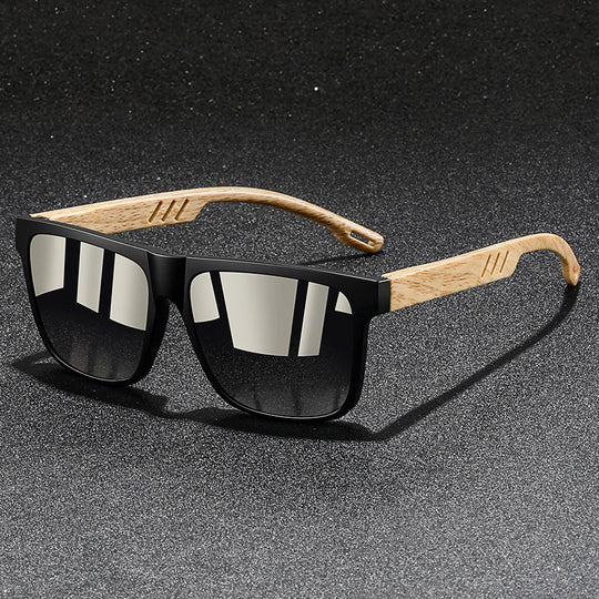 Vintage Square Mirror Sunglasses with Wood-Style Temples