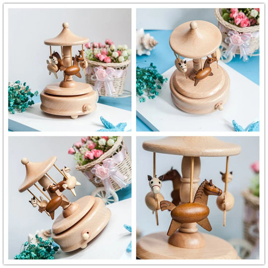 Wooden Carousel Music Box Hand Crank Musical Ornament