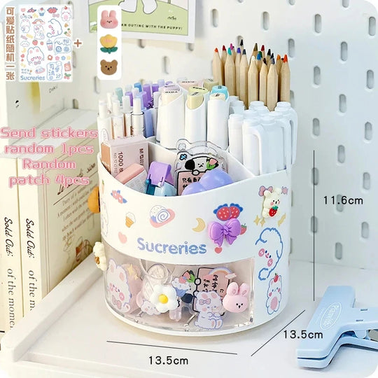 Cute Rotating Pen Holder with Drawer Storage Organizer
