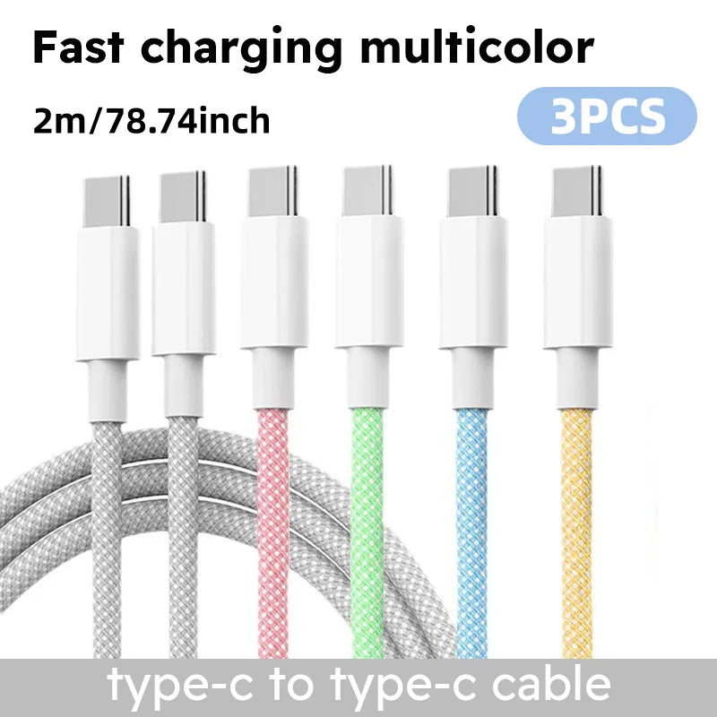 3-Pack 60W Braided USB-C to USB-C Cables