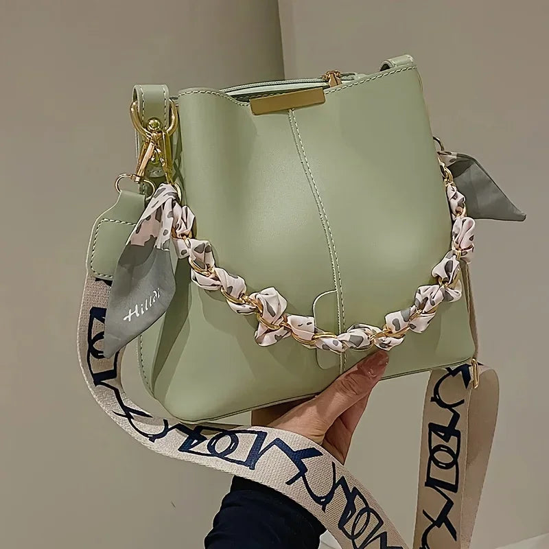 Luxury Bucket Shoulder Bag with Chain Scarf Strap