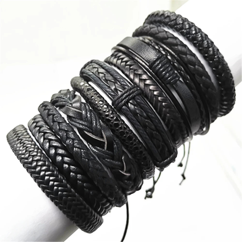 10-Piece Black Braided Leather Wrap Bracelet Set