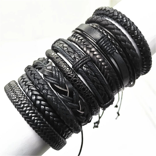 10-Piece Black Braided Leather Wrap Bracelet Set