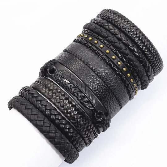 10-Piece Black Braided Leather Wrap Bracelet Set