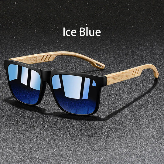 Vintage Square Mirror Sunglasses with Wood-Style Temples