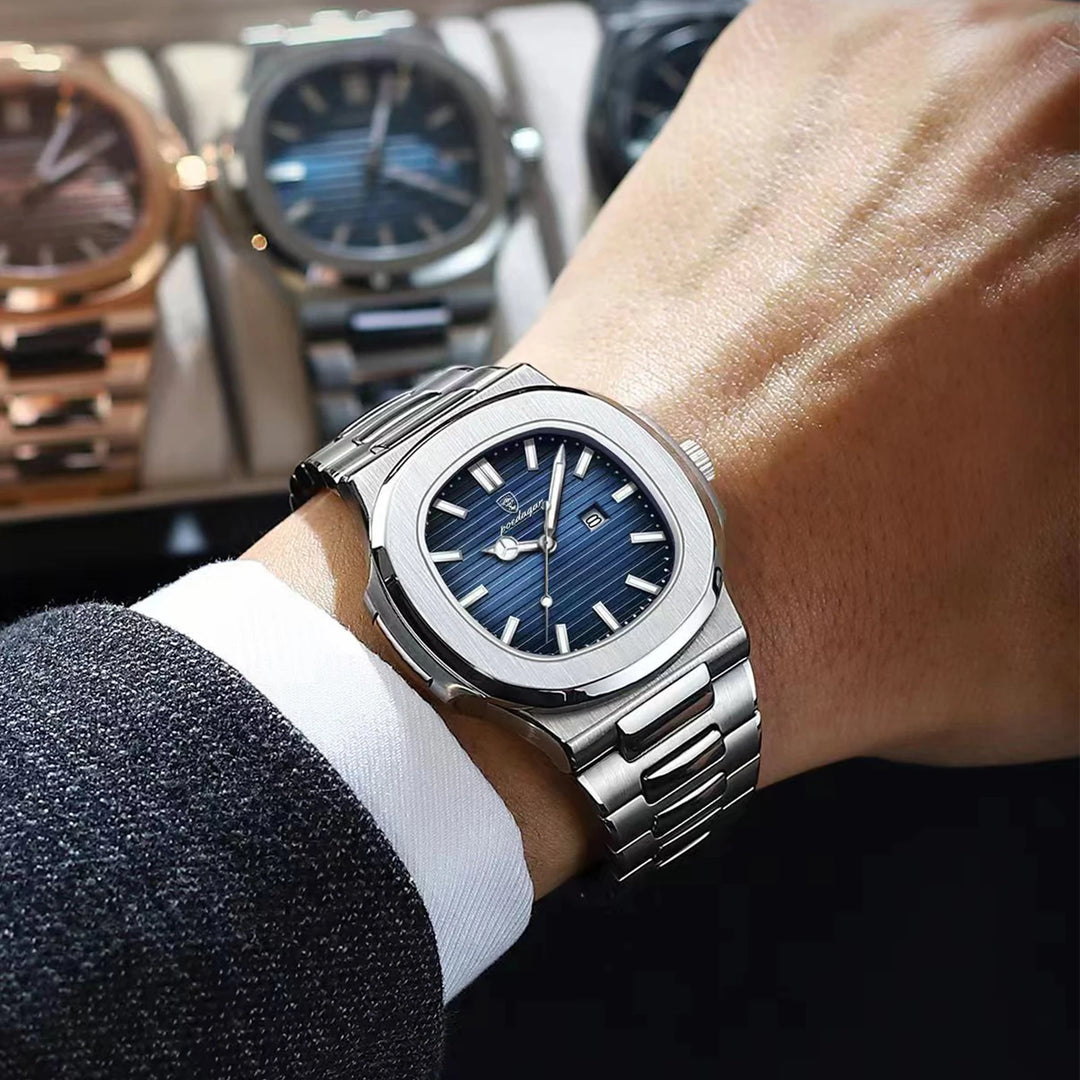 POEDAGAR Stainless Steel Quartz Square Men&