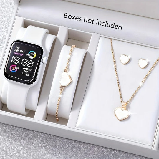 6-Piece Digital Watch &amp; Heart Jewelry Gift Set