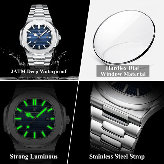 POEDAGAR Stainless Steel Quartz Square Men&
