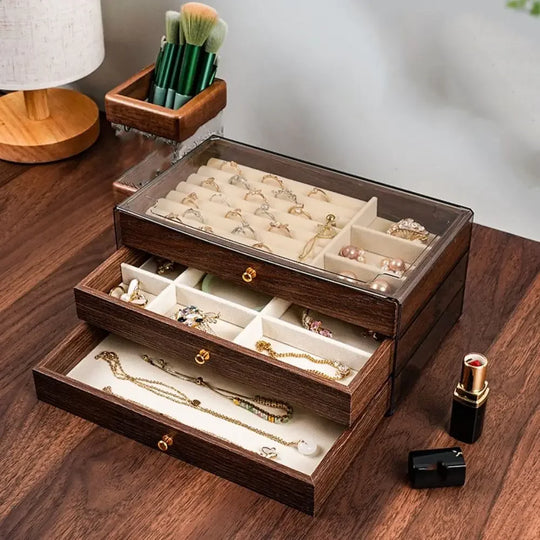 3-Tier Wooden Jewelry Organizer Box with Clear Lid
