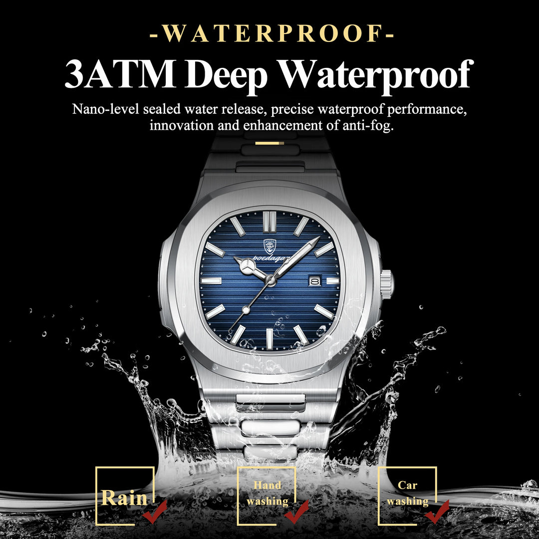 POEDAGAR Stainless Steel Quartz Square Men&