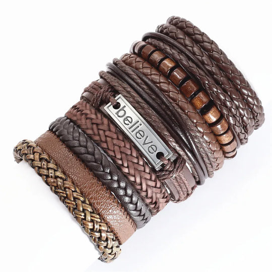 10-Piece Black Braided Leather Wrap Bracelet Set