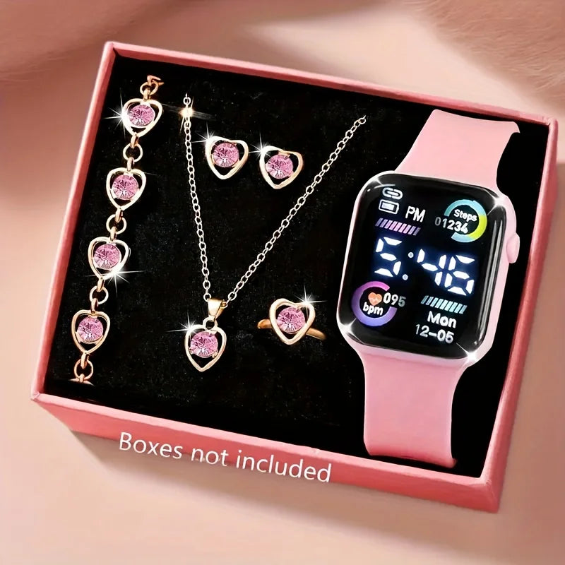 6-Piece Digital Watch &amp; Heart Jewelry Gift Set