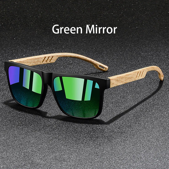 Vintage Square Mirror Sunglasses with Wood-Style Temples