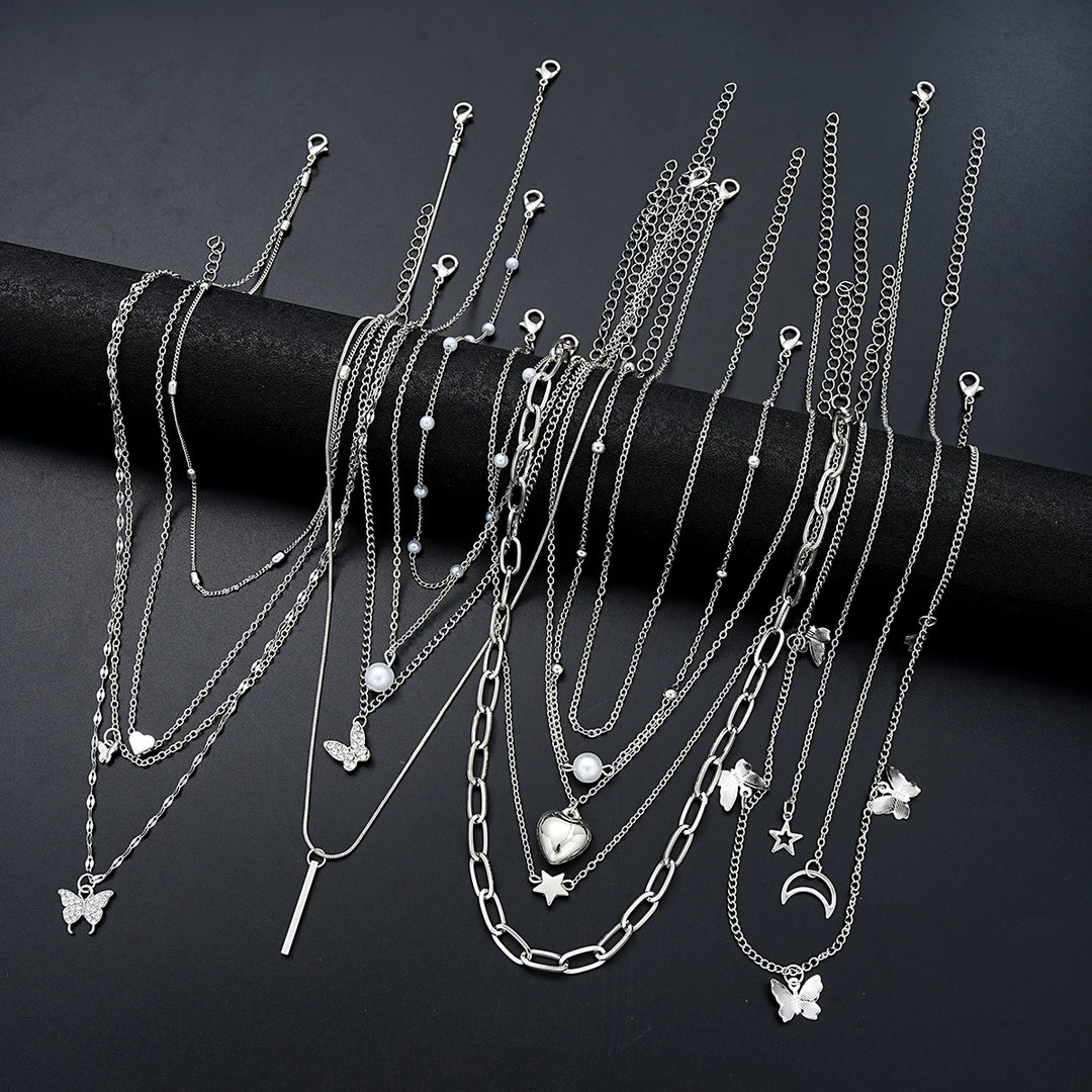 13-Piece Silver Tone Charm Necklace Set for Women