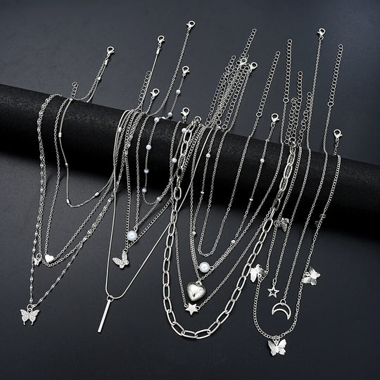 13-Piece Silver Tone Charm Necklace Set for Women