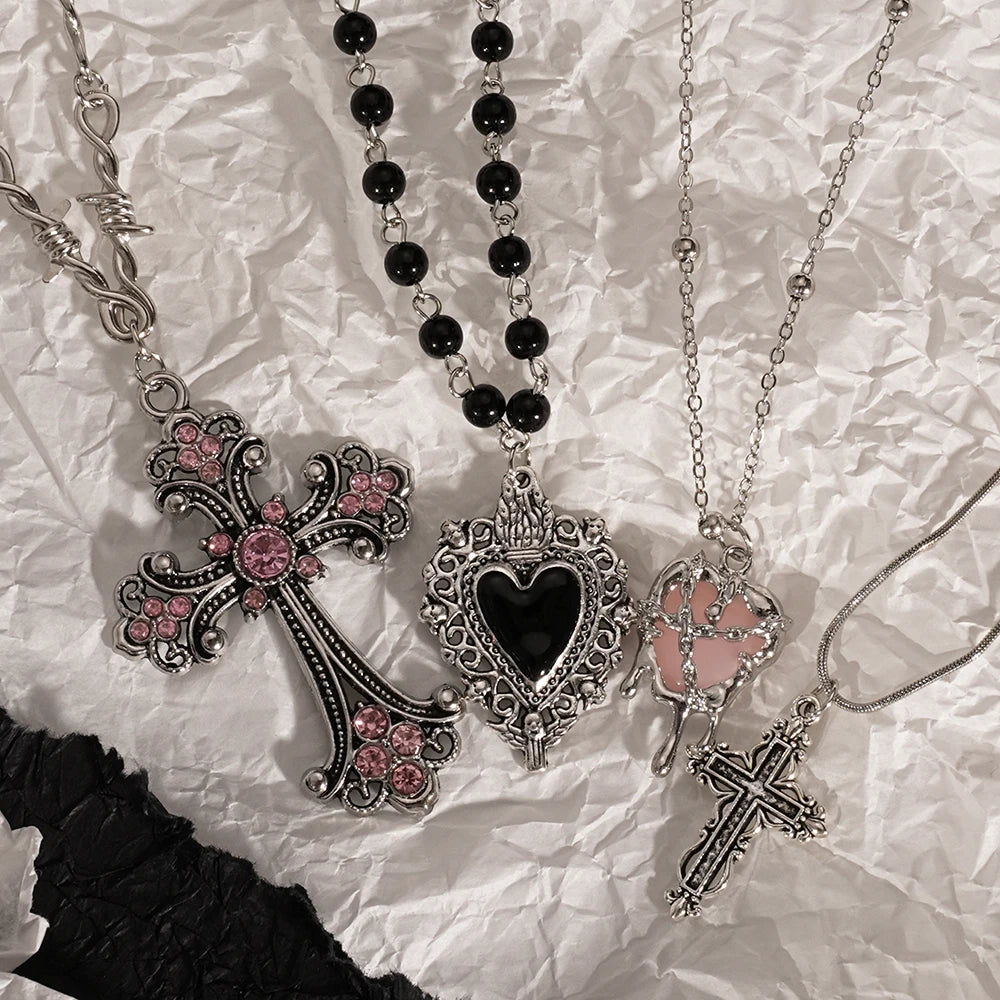 Y2K Cross &amp; Heart Pendant Necklace Set for Women