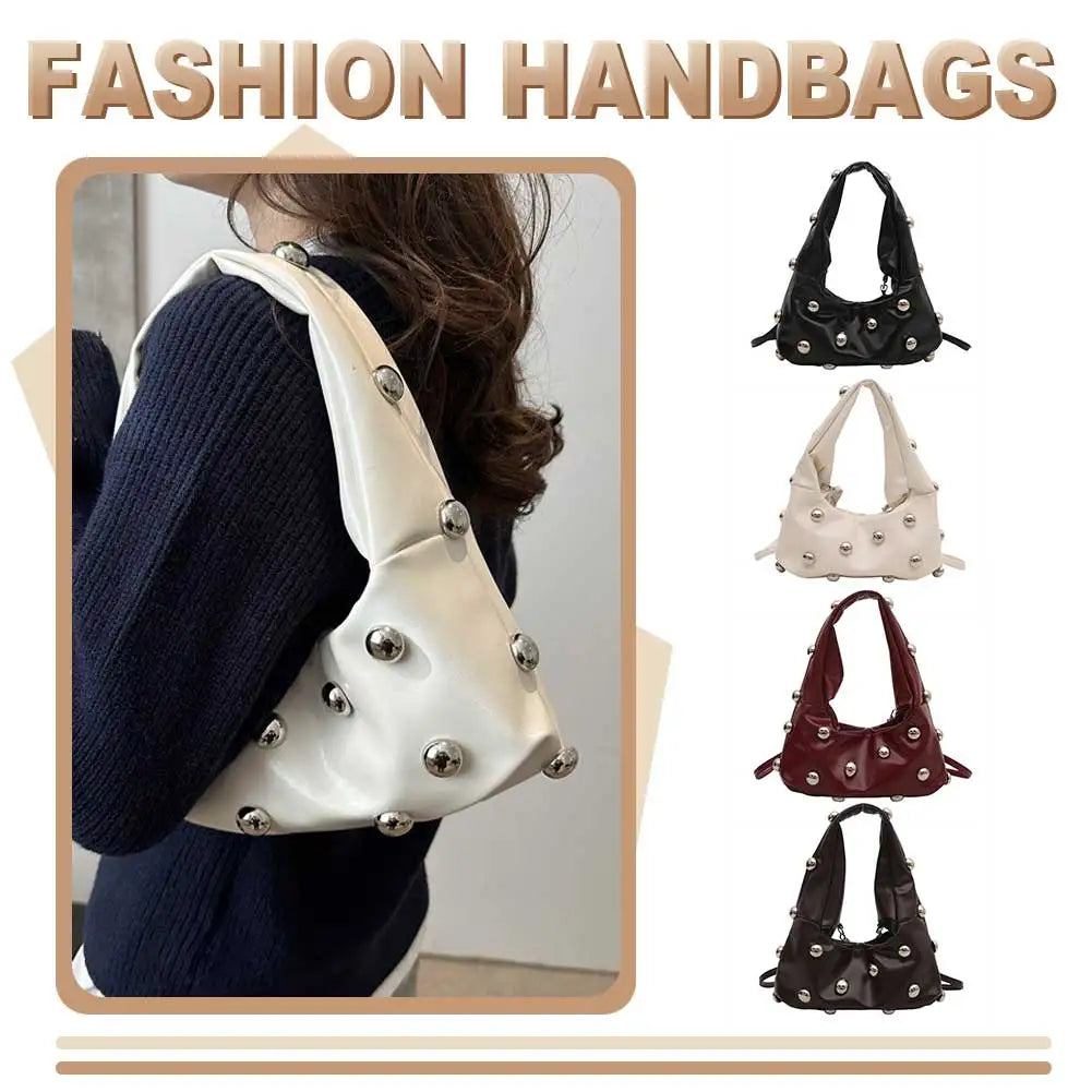 Studded PU Leather Hobo Shoulder Bag for Women