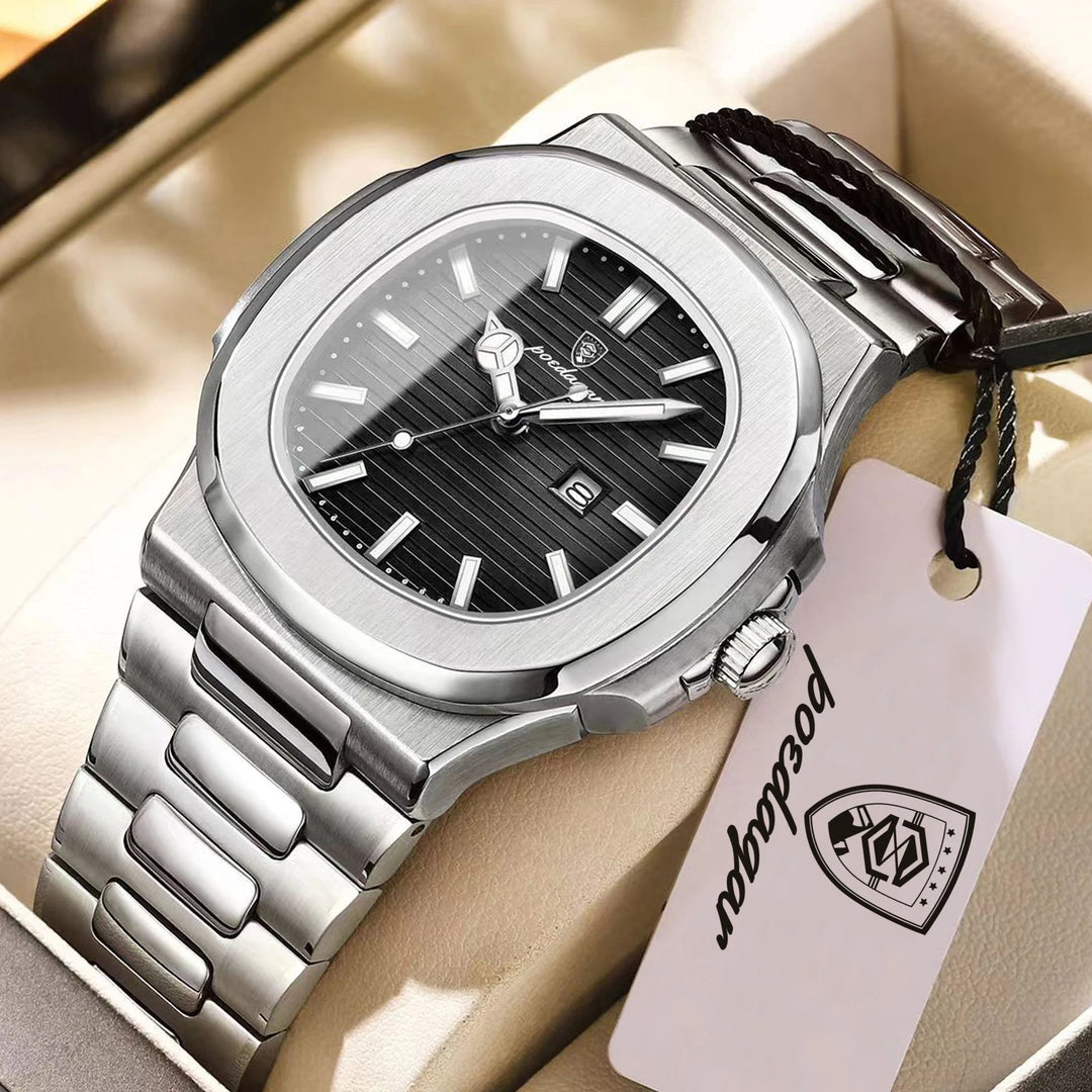 POEDAGAR Stainless Steel Quartz Square Men&
