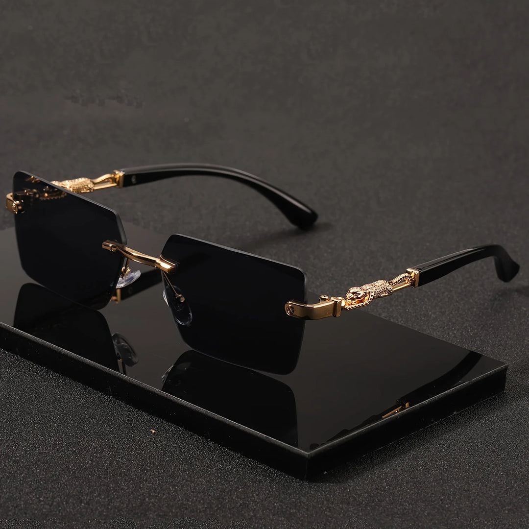 Rimless Rectangle Sunglasses with Gold Temples