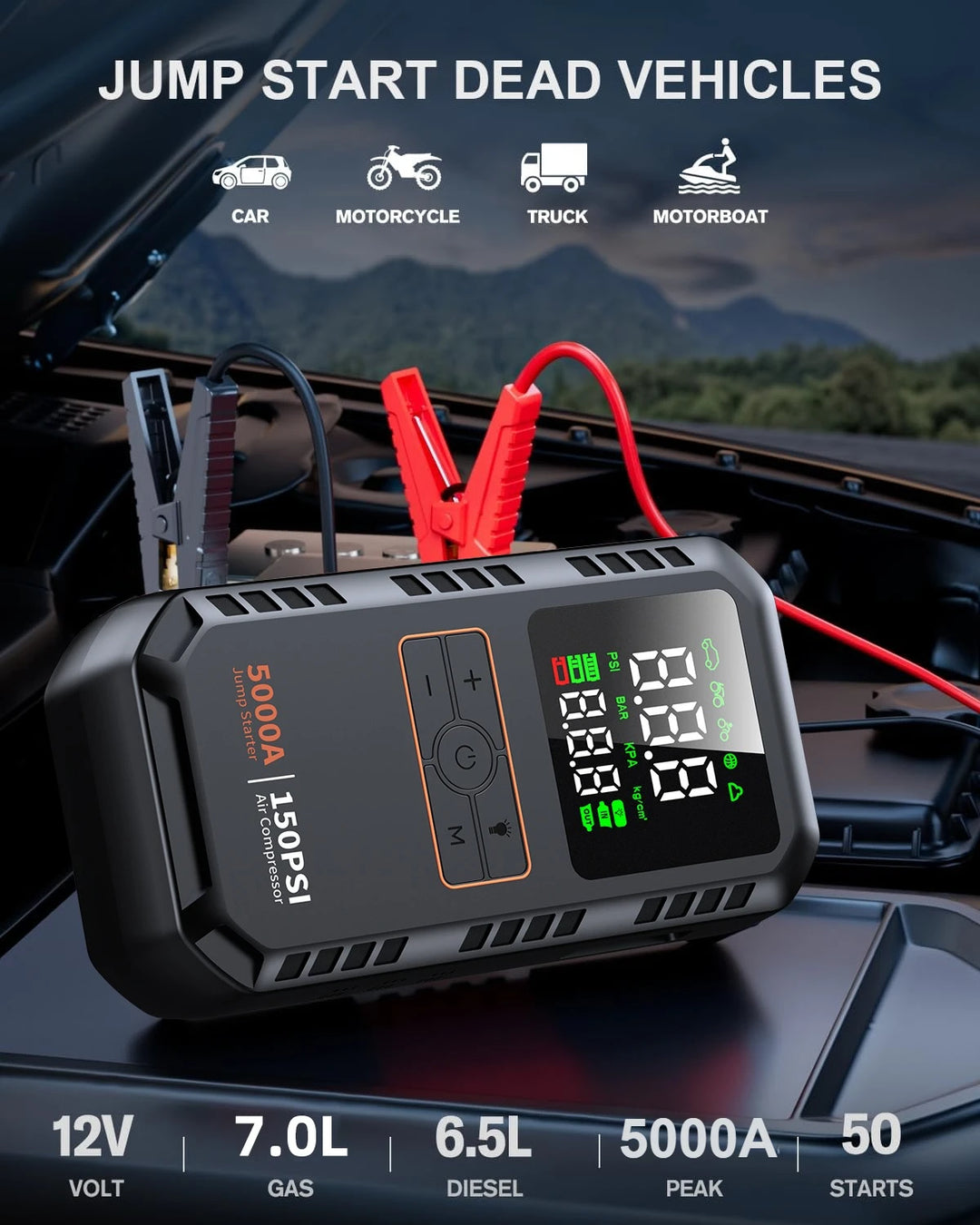 4-in-1 Car Jump Starter with 150 PSI Air Compressor