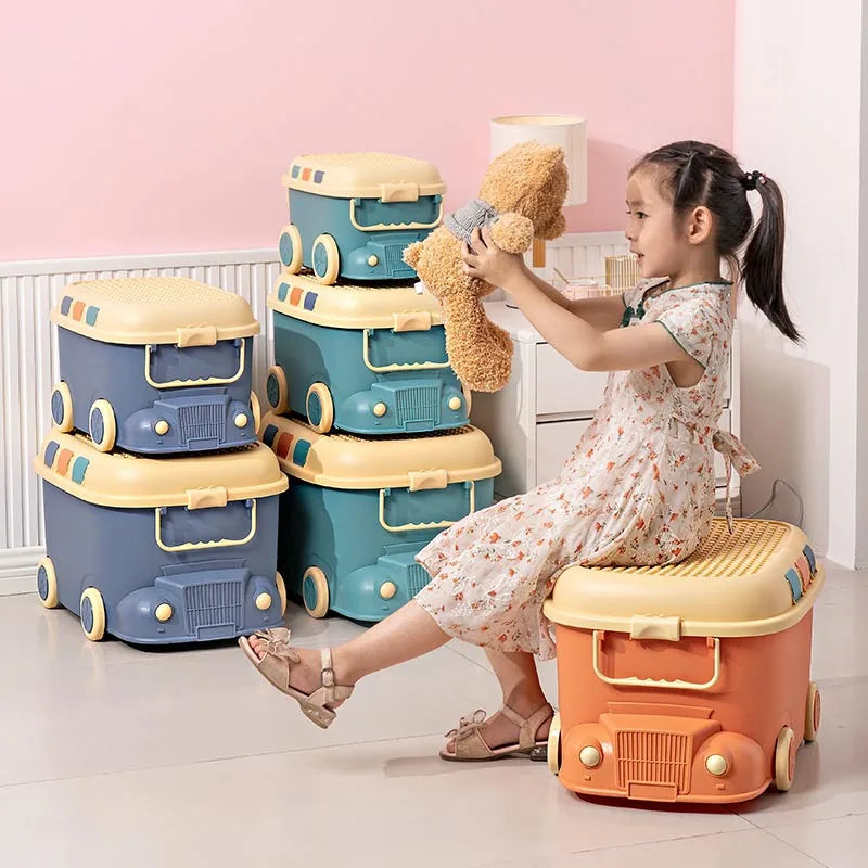 Kids Bus Storage Box with Wheels 12L Plastic Organizer