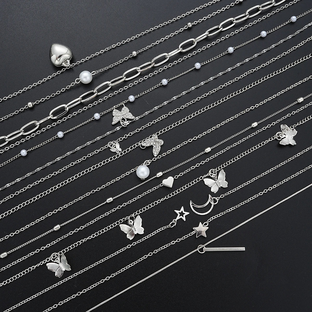 13-Piece Silver Tone Charm Necklace Set for Women