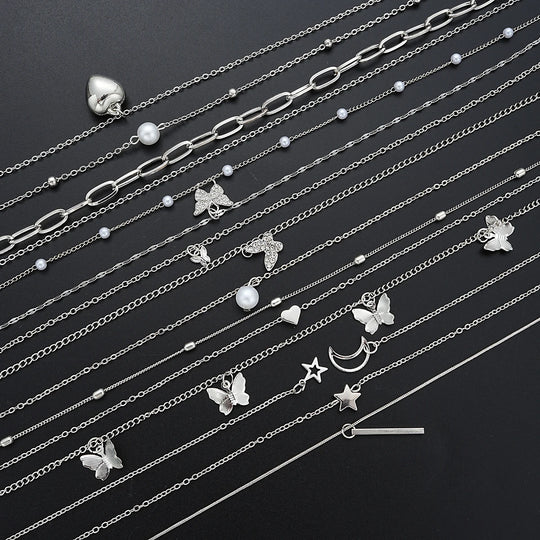 13-Piece Silver Tone Charm Necklace Set for Women