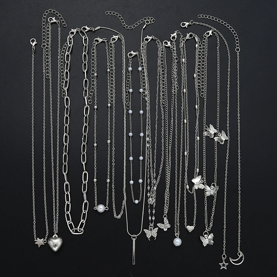 13-Piece Silver Tone Charm Necklace Set for Women