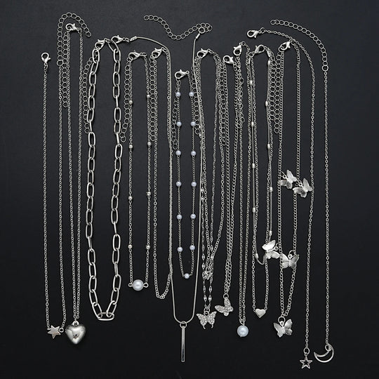 13-Piece Silver Tone Charm Necklace Set for Women