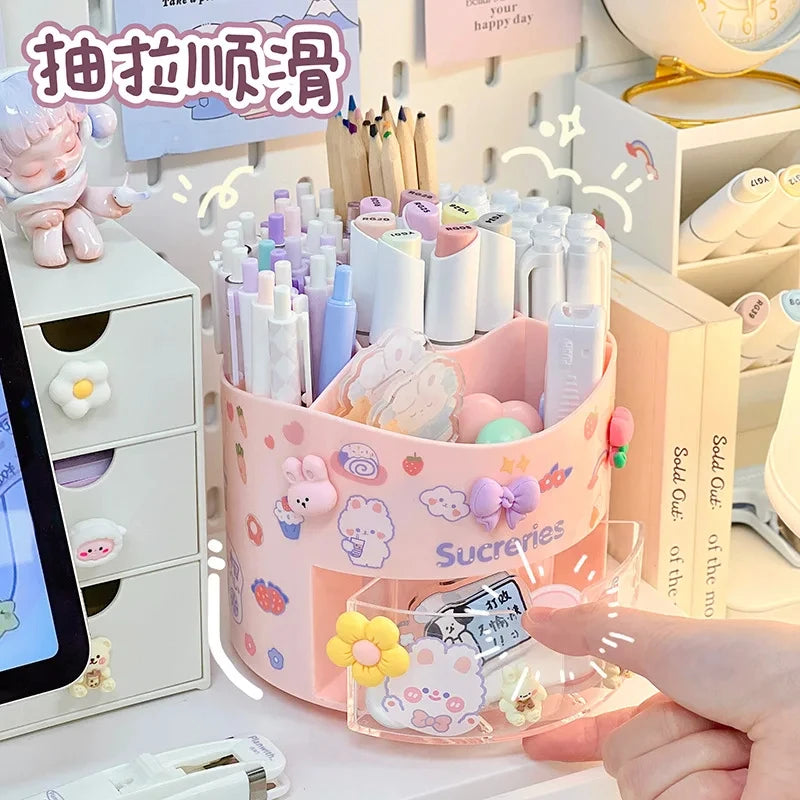 Cute Rotating Pen Holder with Drawer Storage Organizer
