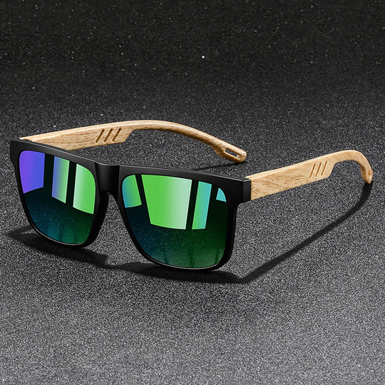Vintage Square Mirror Sunglasses with Wood-Style Temples