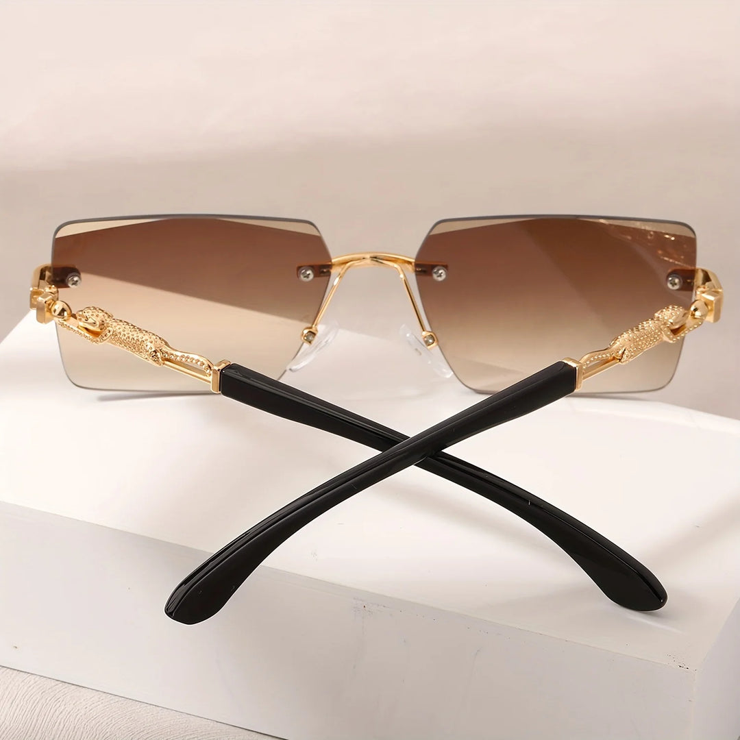 Rimless Rectangle Sunglasses with Gold Temples