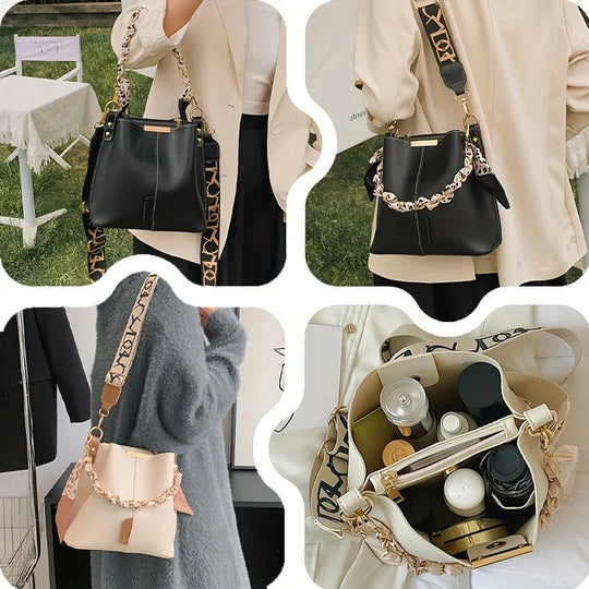 Luxury Bucket Shoulder Bag with Chain Scarf Strap