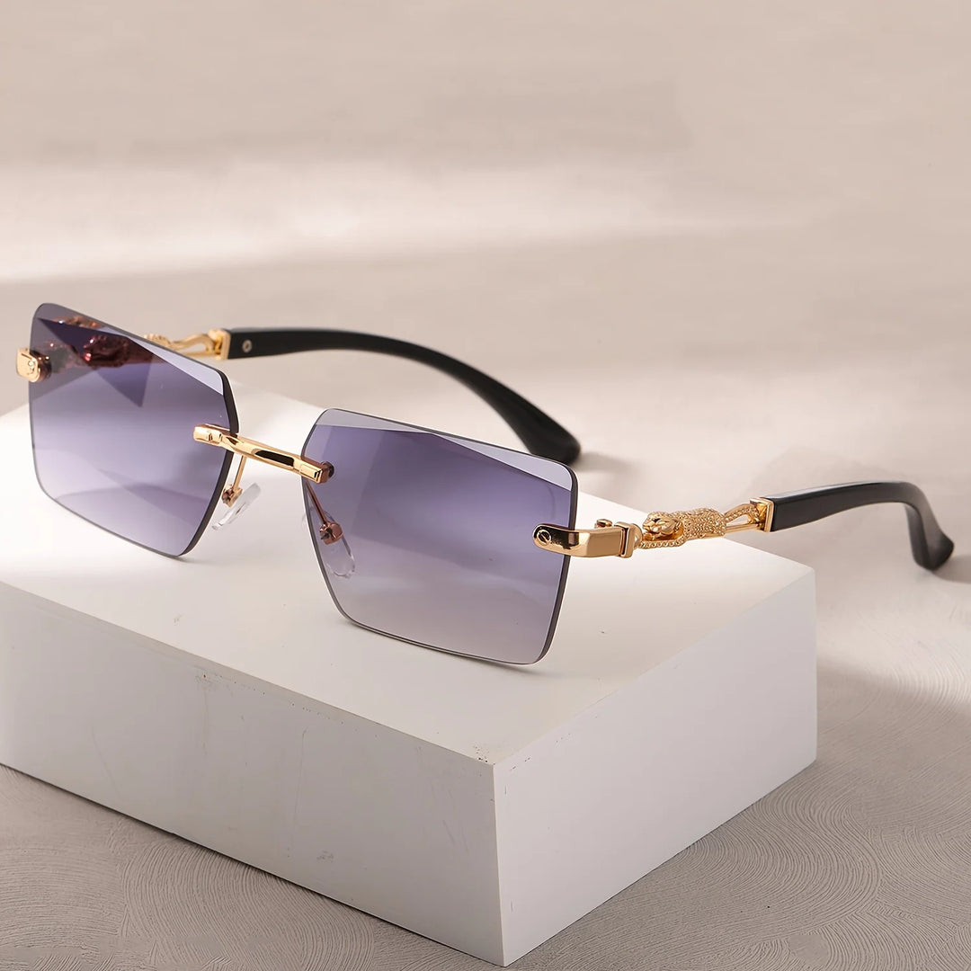 Rimless Rectangle Sunglasses with Gold Temples