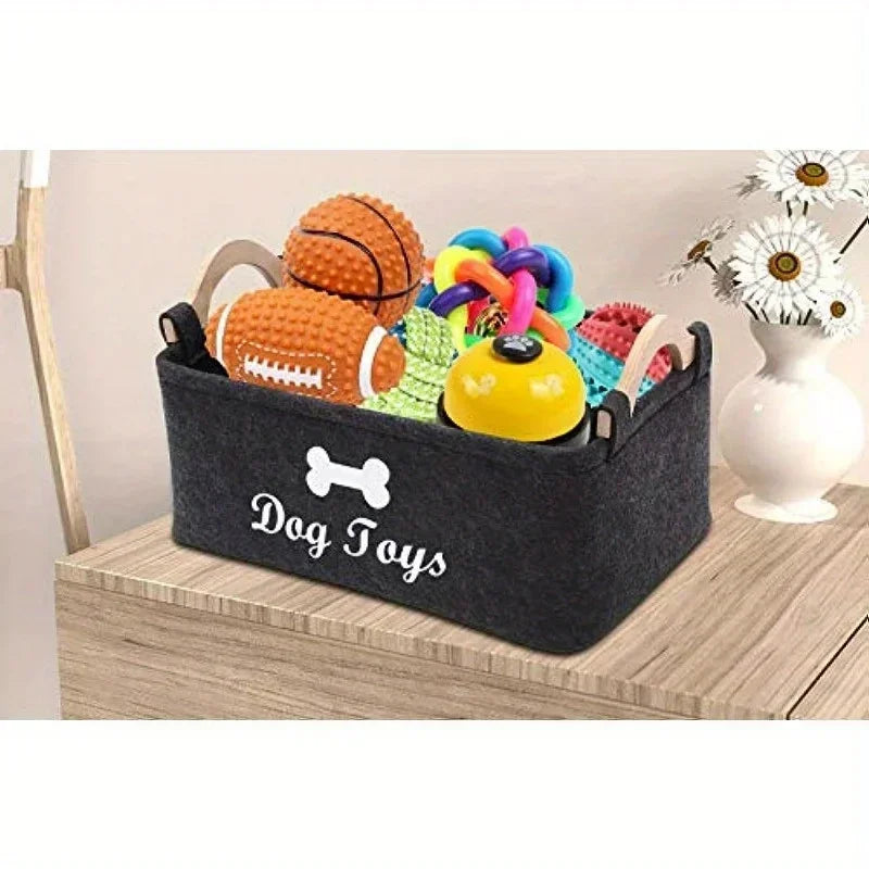 Felt Dog Toy Storage Basket with Wooden Handles