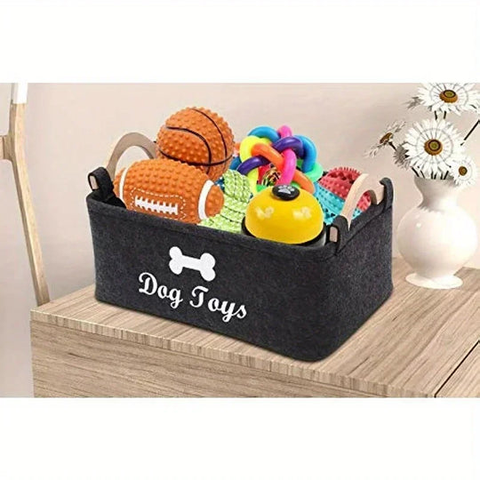 Felt Dog Toy Storage Basket with Wooden Handles