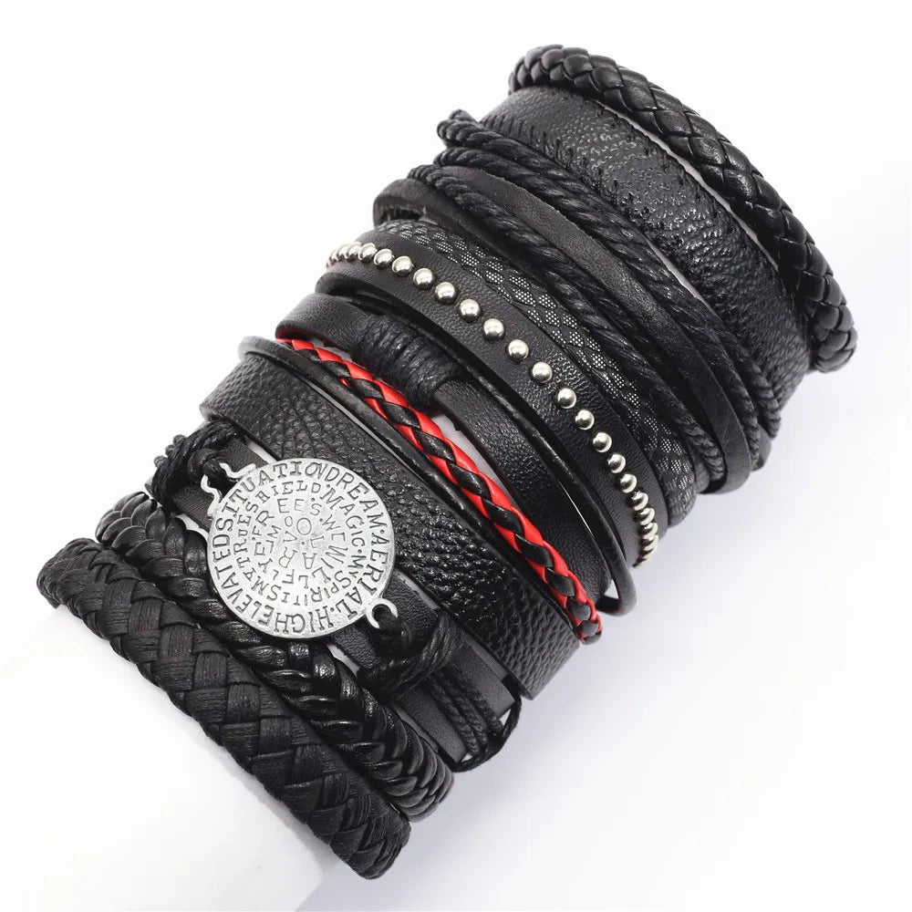 10-Piece Black Braided Leather Wrap Bracelet Set