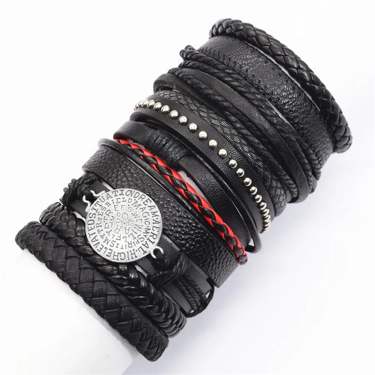 10-Piece Black Braided Leather Wrap Bracelet Set