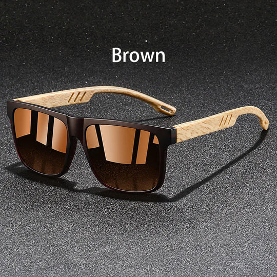 Vintage Square Mirror Sunglasses with Wood-Style Temples