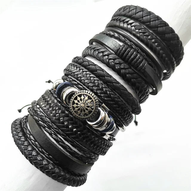 10-Piece Black Braided Leather Wrap Bracelet Set