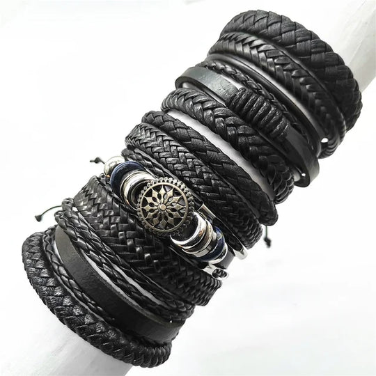 10-Piece Black Braided Leather Wrap Bracelet Set