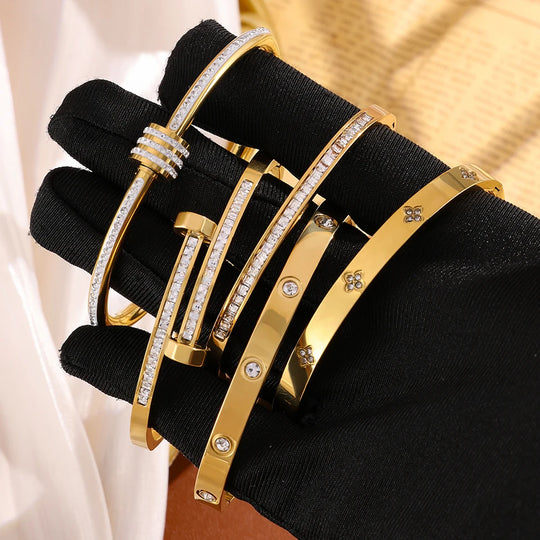 Gold Stainless Steel Zircon Bangle Bracelet