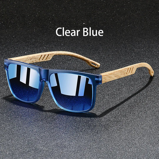 Vintage Square Mirror Sunglasses with Wood-Style Temples