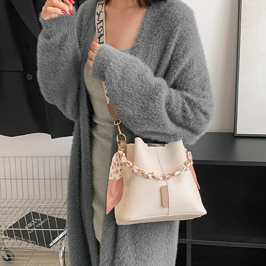 Luxury Bucket Shoulder Bag with Chain Scarf Strap
