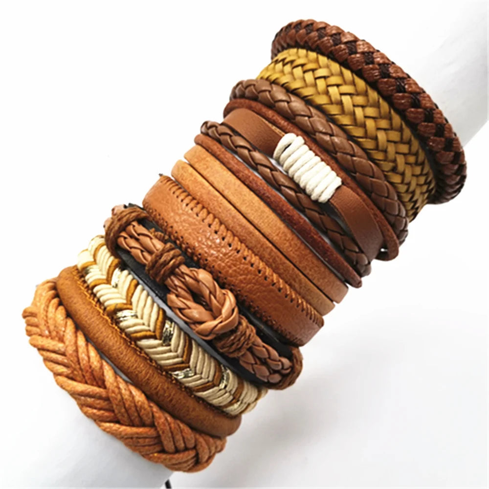 10-Piece Black Braided Leather Wrap Bracelet Set